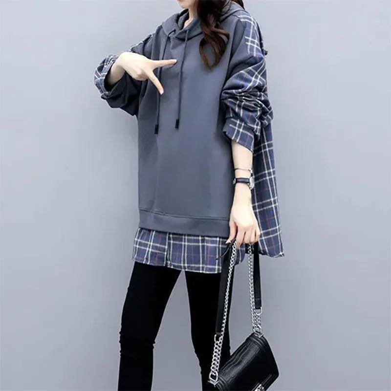 Fashion Hooded Asymmetrical Lace Up Plaid Blouses Women's Clothing 2023 Autumn Winter Casual Tops Fake Two Pieces Shirts fake 2 pieces new fashion plaid jacquard shirt collar sweater men s winter fashion korean edition casual thickened warm pullover