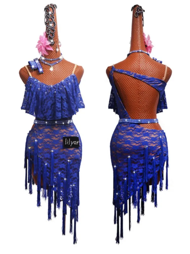 

Latin Dance Competition Performance Costume Adult Daughter Children's Treasure Blue Tassel Skirt Lace Diagonal Skirt