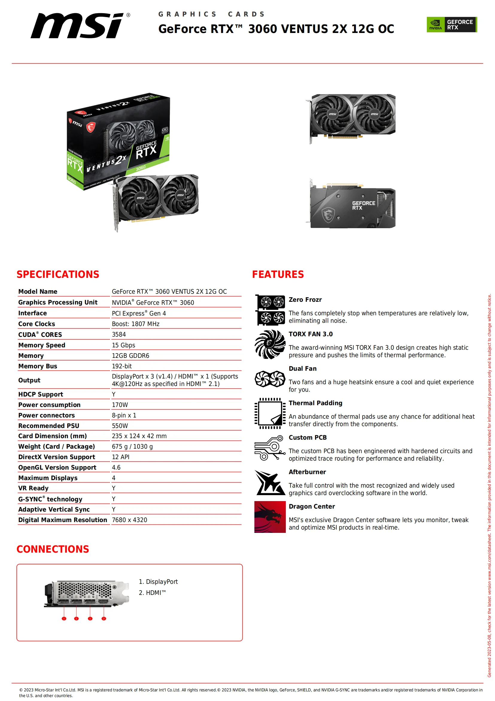 Description Picture 2 of itemOriginal Msi GeForce RTX 3060 VENTUS 2X 12G OC Computer Graphics Card 550W Power Supply Esports Game Dual Fan