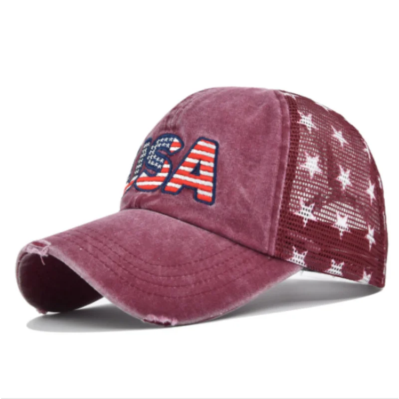 Star Print American Flag Embroidered Mesh Baseball Cap Washed Sun Protection Snapback For Women Men Sports Hiking Golf Dad Hat 3