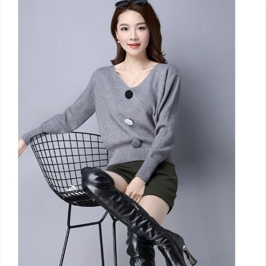 

Gray Korean New Fall Winter Office Lady Vest Pullover Soft Sweater Women's Big Button Sweater Women Girl Pull Slim Top Cloth