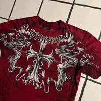 2000s affliction American Retro T shirt Women Red Cotton Round Neck Washed Shirt Hip Hop Couple American Wear Goth T Shirts 2