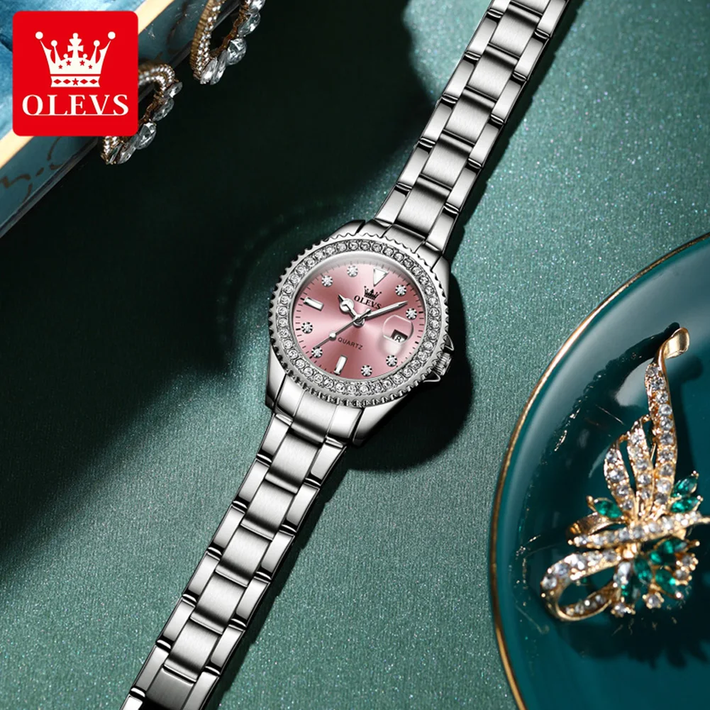 OLEVS Women Watches Top Brand Luxury Diamond Quartz Watch Women Stainless Steel Waterproof Calendar Fashion Wristwatch Ladies
