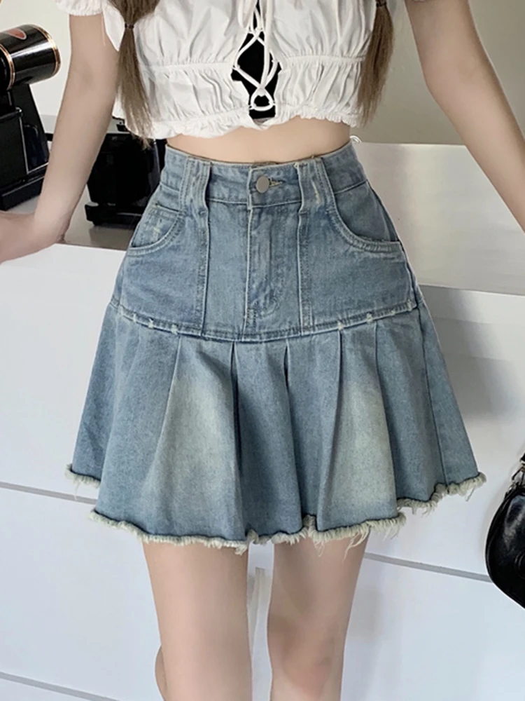 Vintage Denim Skirts Above Knee High Waist Jeans Skirts Female 2023 Retro Ripped Zipper Fly Pocket Pleated Skirts Girls Street