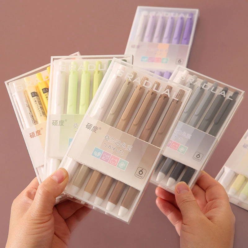 6Pcs/Set Kawaii Morandi Color Press Gel Pen Quick Drying Signature Pens School Stationery Office Supplies Writing Accessories brush writing water cloth set calligraphy practice paper imitation rice paper thickened quick drying cloth