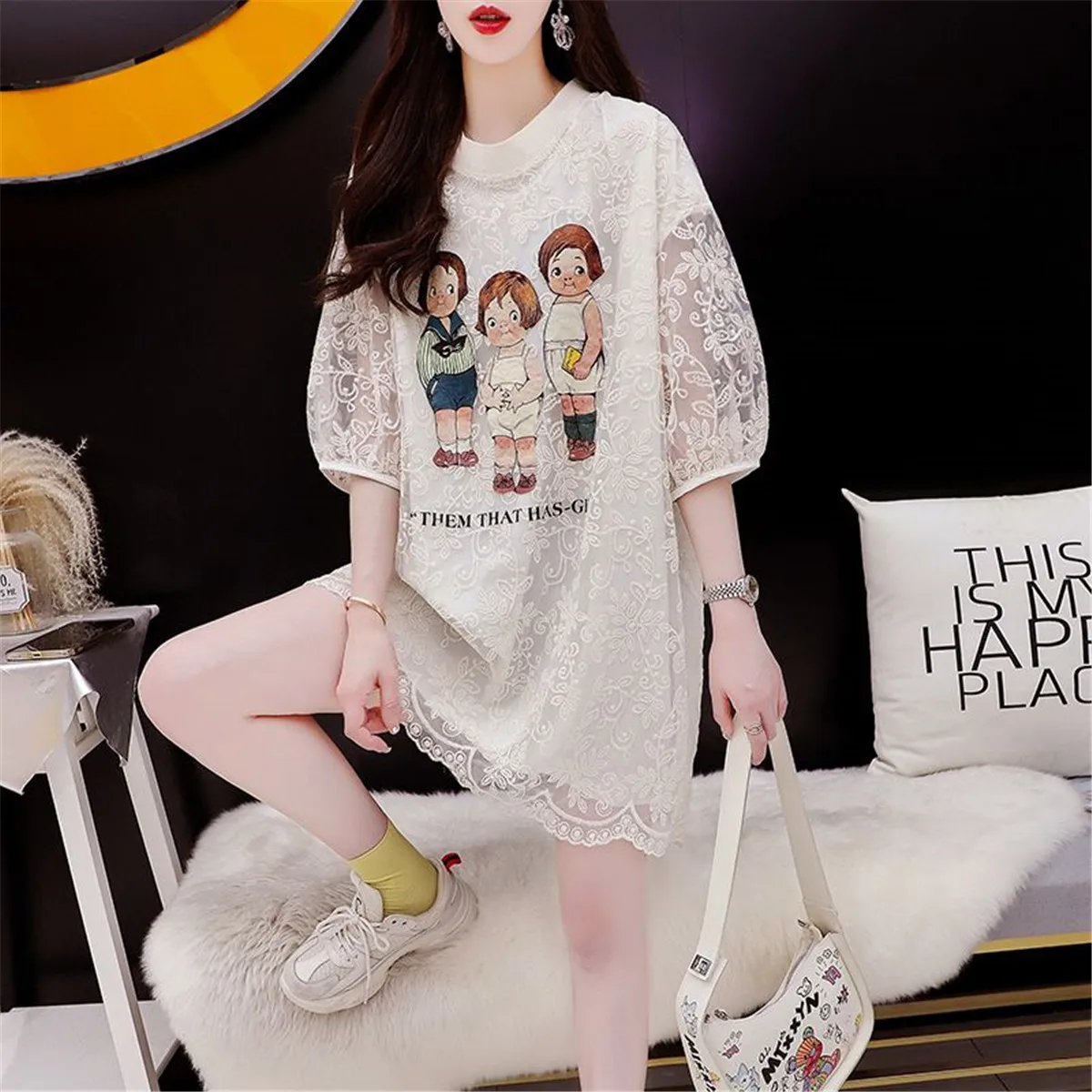 

2023 Oversized Lace T Shirt White Femme Kawaii Tops Tee Short Sleeve Fashion Summer Anime T-Shirt For Girl Hip Hop Clothes
