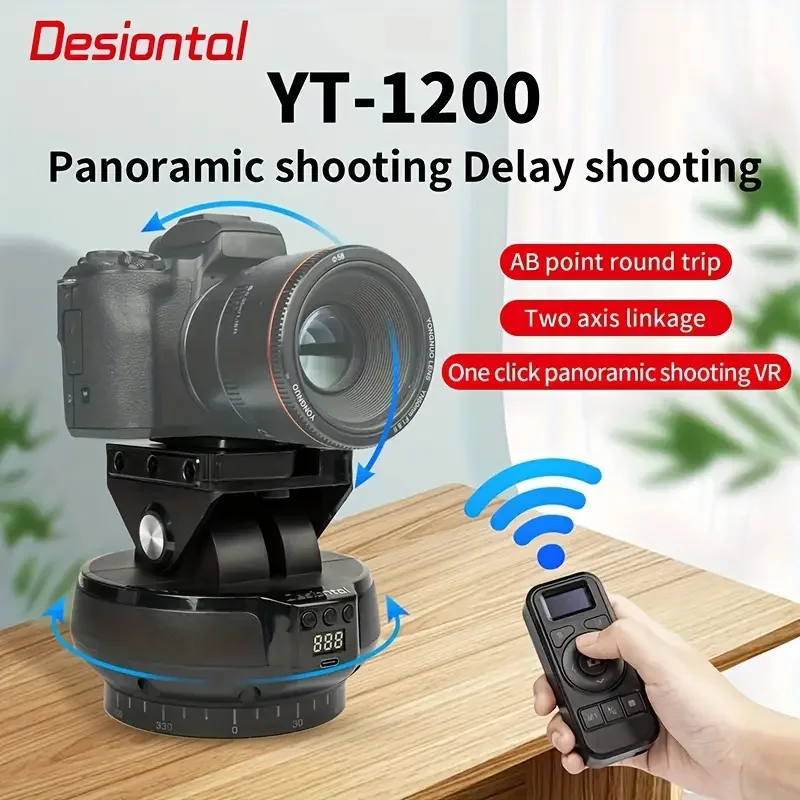 

Desiontal Brand YT-1200 Rotation Panoramic Remote Control Pan Tilt Motorized Tripod Electric head for Phones Cameras