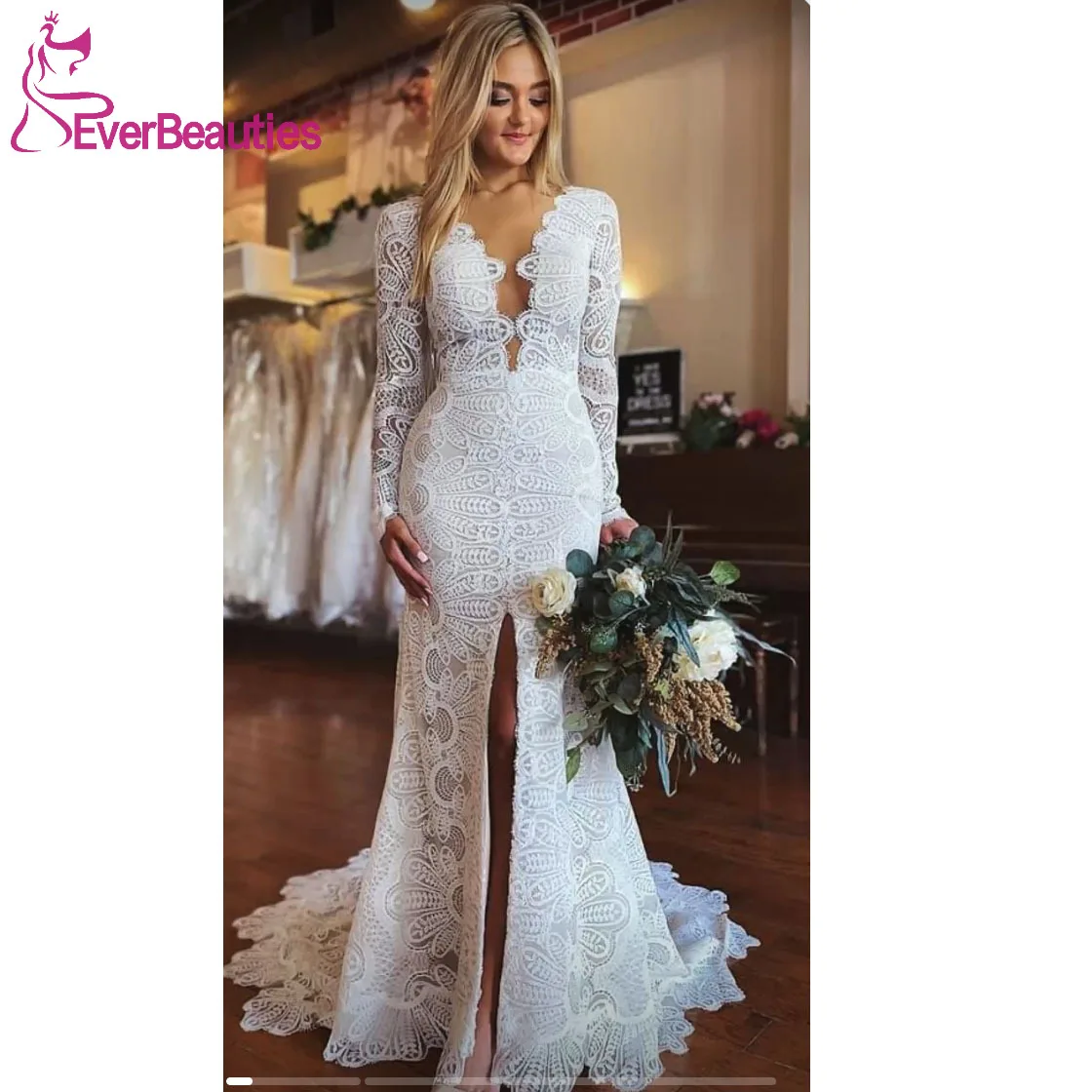 

Long Sleeves Lace Wedding Dresses for Bride Mermaid Vestidos De Novia Side Slit Robe De Mariee V Neck Boho Bride Dress