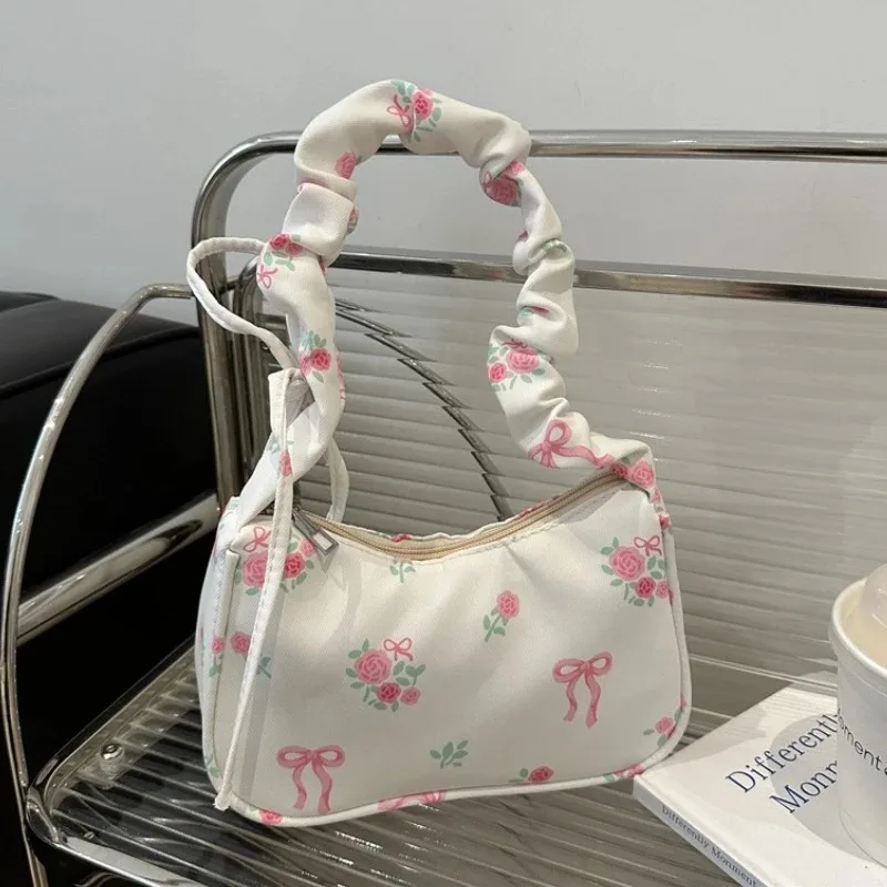 New Women Underarm Bag Canvas Pleated Handbag Cute Rose Flowers Print Little Tote Half Moon Design Purse Mini Shoulder Bags