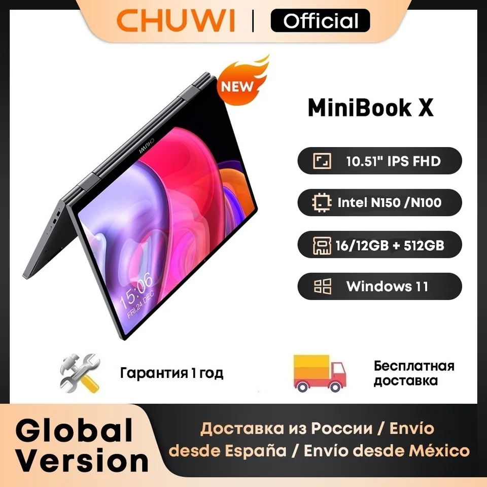 CHUWI MiniBook X Laptop Tablet 2 In 1 Intel N150/N100 10.51