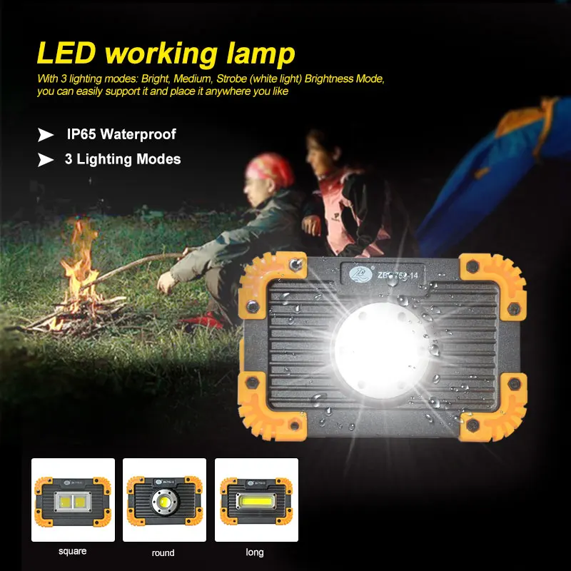 

LED Flood Light 10W Worklight Projector Reflector LED COB Work Light Spotlight Outdoor Camping Emergency Light+18650+USB Cable