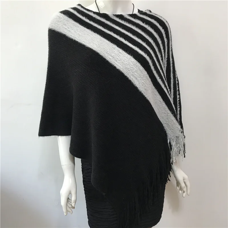 

2022 Spring Autumn New Women Knitted Cloak Diagonal Stripe Color Matching Knitted Poncho Cape Tassel Cloak Sweater Shawl Black