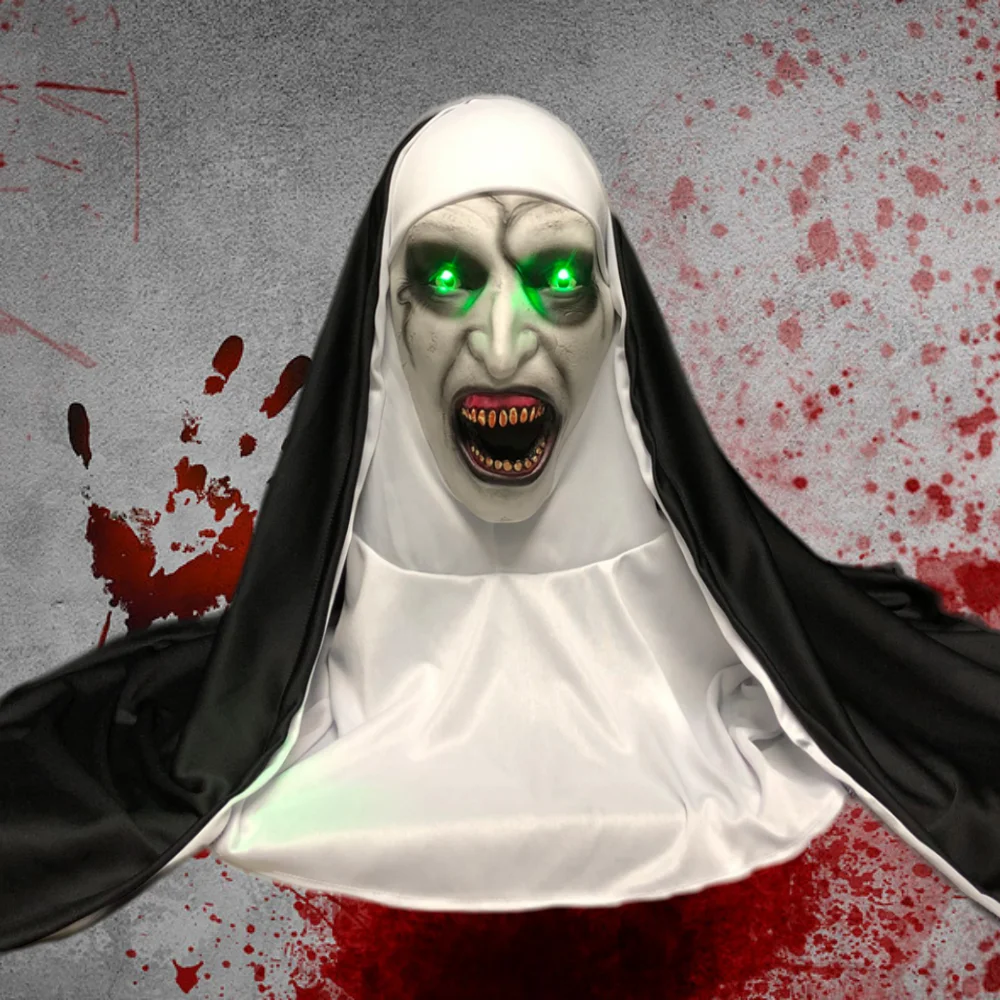 Masque Nonne D'Halloween Effrayant - Yeux Lumineux Rouges, En Silicone, Pour Cosplay Et Fêtes Déguisées - 10
