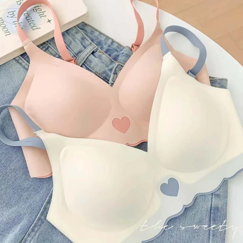 Push Up Bras For Women Love Heart Pattern Brassiere Deep V Neck Cute Underwear Female Seamless Wireless Soft Lingerie