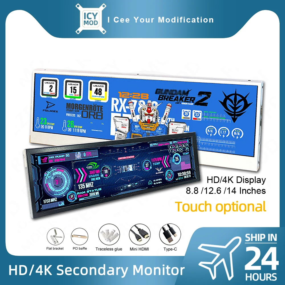 Schermo Secondario Per Pc Da 8.8/12.6/14 Pollici Aida64 Dual Extend Lcd Asus 4K Touch Table Monitor Dati Fai Da Te 3840X1100 Display Hd Gamers Mod