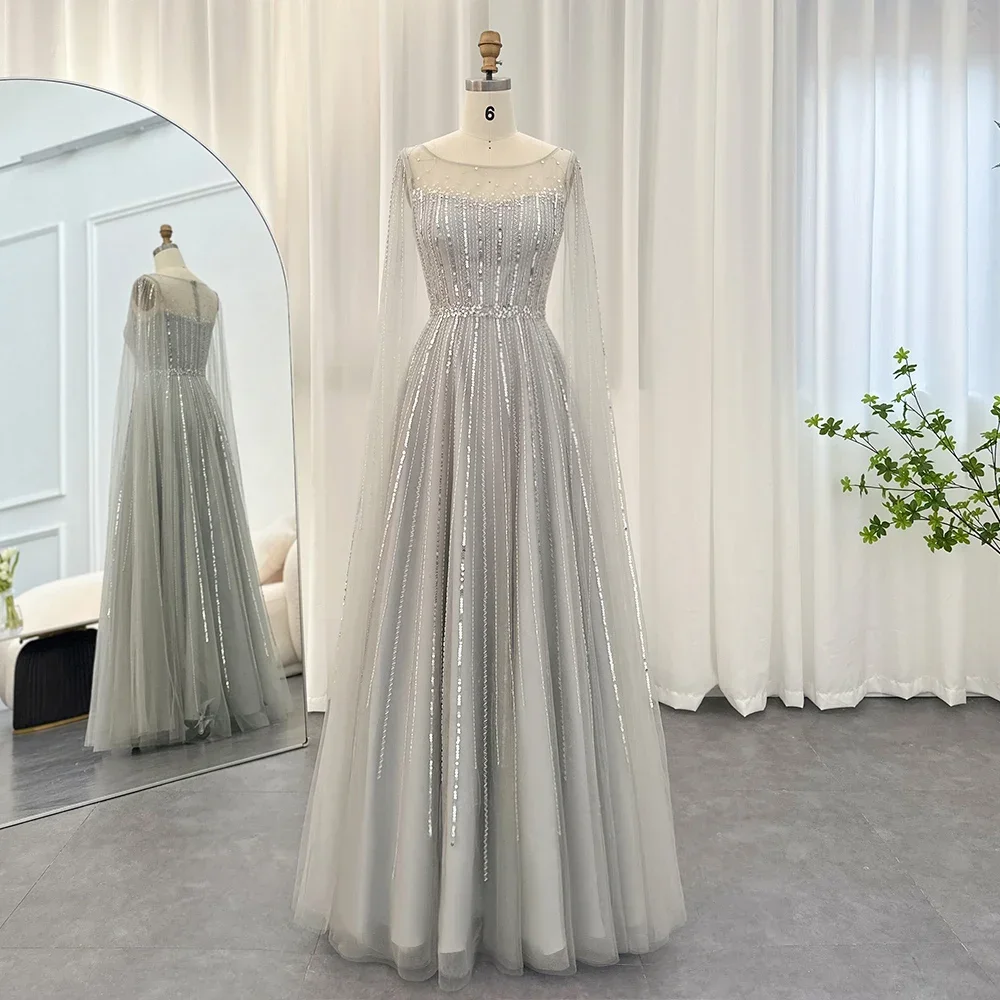 

Luxury O-Neck Beads Sequined Evening Dresses with Cape Sleeves Fashion Sweep Train A-Line Party Gowns Luxury Prom Dresses 2024