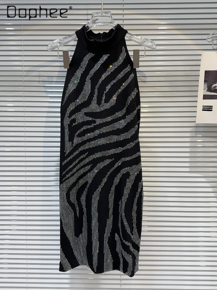 

Zebra Pattern Rhinestone Heavy Industry Slim-Fit Halter Dress Female 2024 Summer New Fashion Sleeveless Black Dress for Women