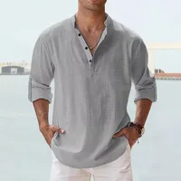 Chemisier d'été en lin pour hommes, col haut, manches longues, maillot de corps ample, couleur unie, chemise en coton et lin, vêtements pour hommes 3