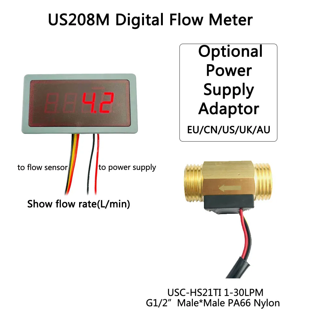 

US208M 5V Flow Digital Meter USC-HS21TI 1-30L/min G1/2" Flow Rate Display and Frequency Counter Hall water Flow Sensor