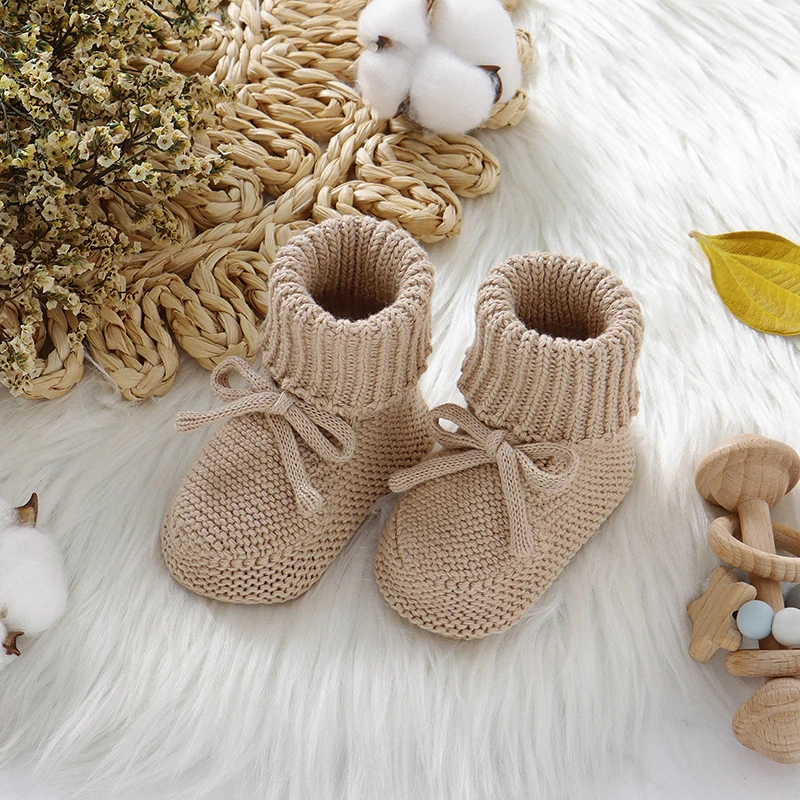 Newborn Baby Shoes Cotton Knit Infant Boys Girl Boots Fashion Tie Solid Toddler Kid Clothing Accessories 0-18M Walk Bed Footwear
