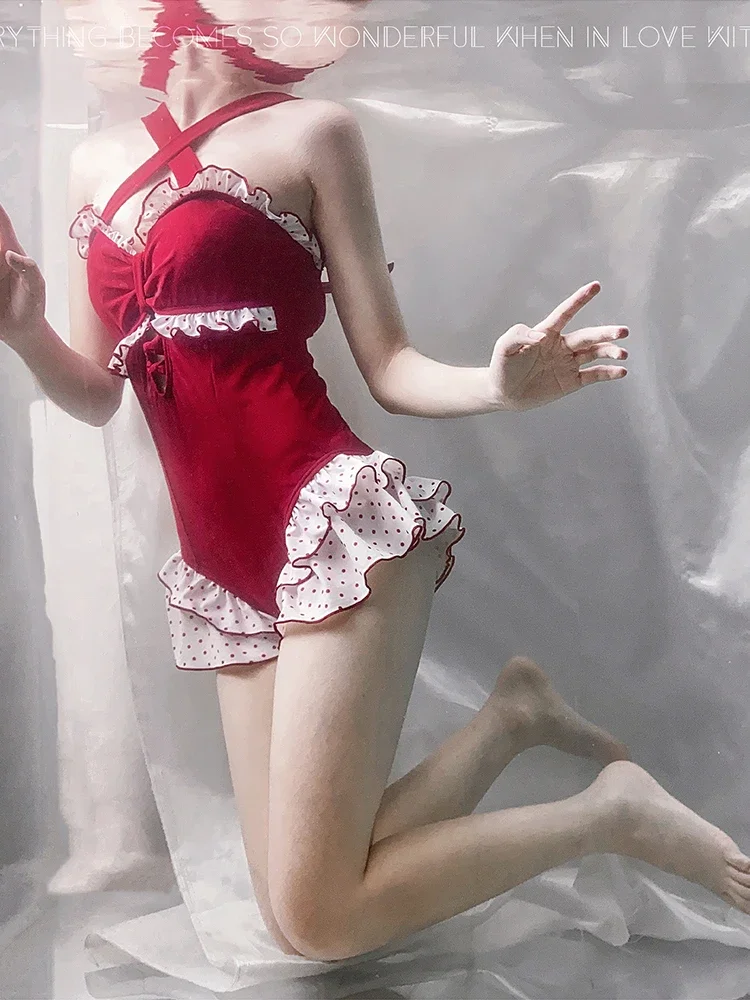 Cute Red Polka Dot One-Piece Swimsuit New Summer Student Girls Hot Spring Swimwear Women's Lolita Sleeveless Beach Wear