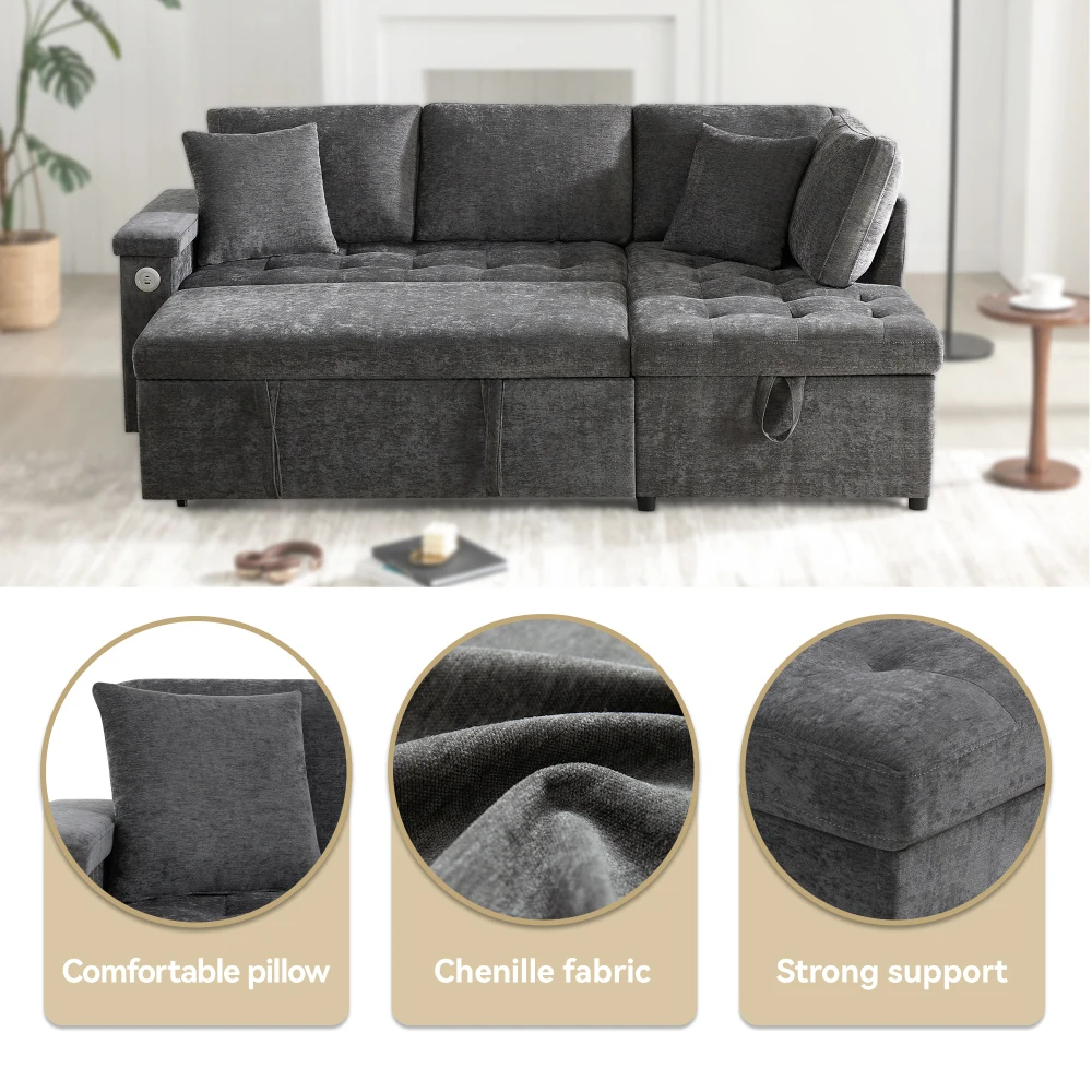 Wohnzimmer L-förmiges Sofa mit Ausziehbett, Ausgestattet mit Stauraum, USB-Ladegerät, Armlehnen-Stauraum und 2 Kissen – Detail 33