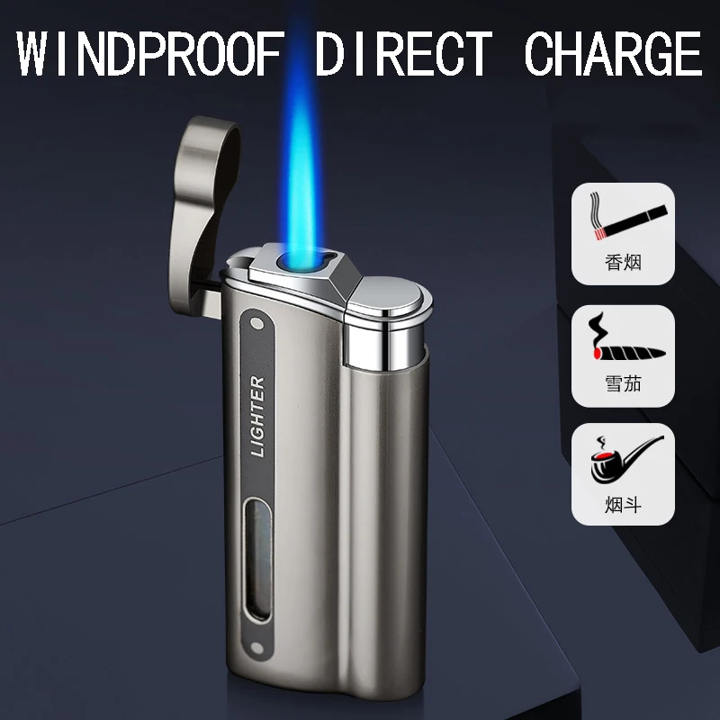 Metal Electroplating Direct Blue Flame Windproof Inflatable Cigarette Lighter Visual Window DK7701 bbq lighter butane gas lighter cigarette lighter