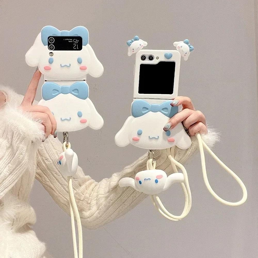 3D Stereoscopic Sanrio Cinnamoroll with Lanyard Phone Case for Samsung Galaxy Z Flip 3 4 Z Flip 5 5G PC Hard Soft Back Cover