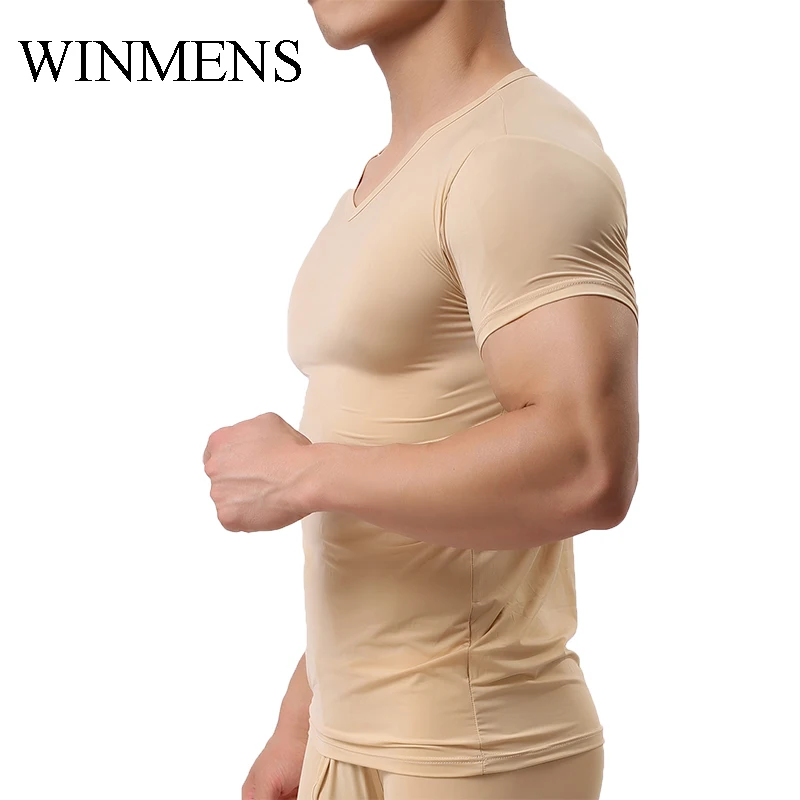 Men's Undershirt Solid Thin Translucent T-Shirt Short Sleeve V-neck Male Shirt Fitness Bodybuilding Tops For Sports Gym