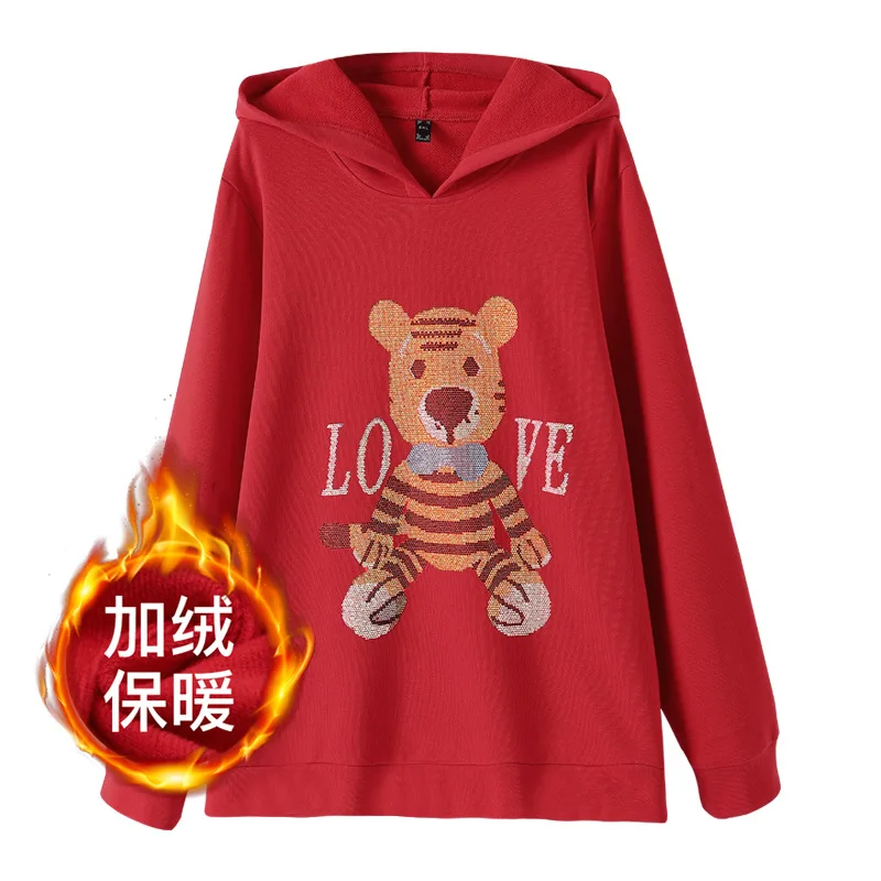 

Loose Oversized Cartoon Tiger Velvet Warm Hooded Sweater Women Tops Long Sleeve Women Anime Hoodie Red Casual Outerwear T61219