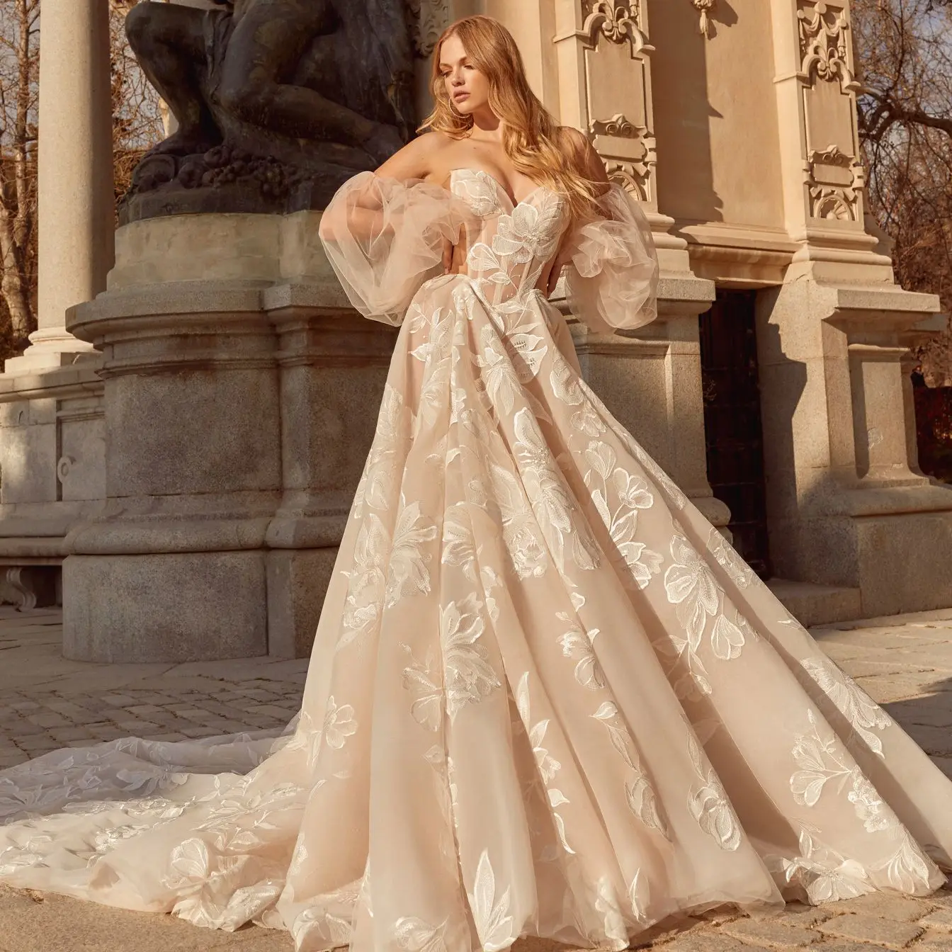 

Charming Champagne Wedding Dress Sweetheart Lace Applique Detachable Sleeve Bridal Gown Sexy Backless Romantic Vestidos De Novia