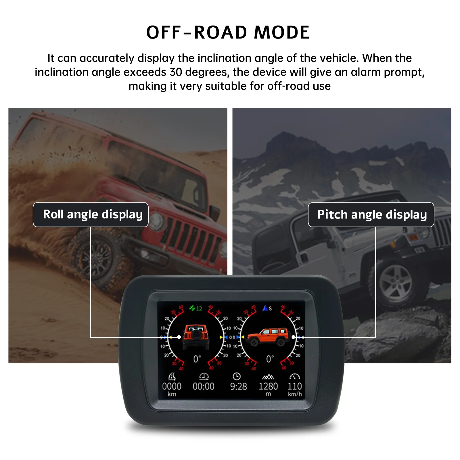 A65 헤드업 디스플레이 OBD 경사 계량기 GPS 디지털 오프로드 LCD 디스플레이 롤 피치 각도 마일리지 고도 온보드 컴퓨터