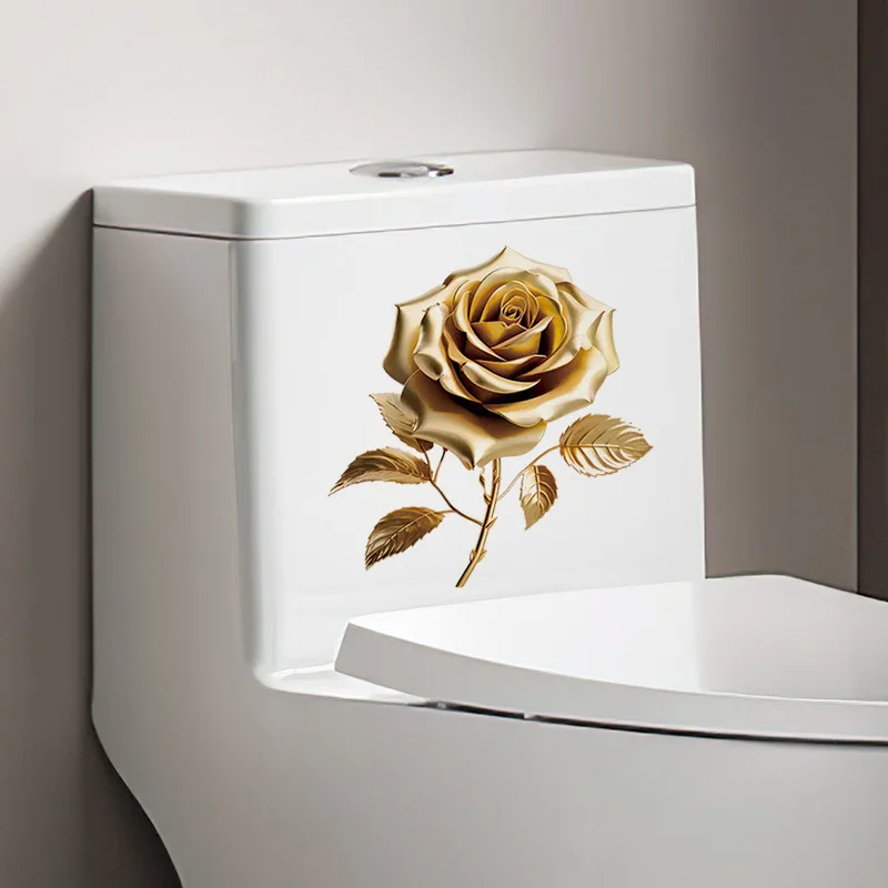 Golden Rose Toilet Stickers Bathroom Wall Sticker PVC Self Adhesive Flower WC Sticker Home Bathroom Decoration Decals