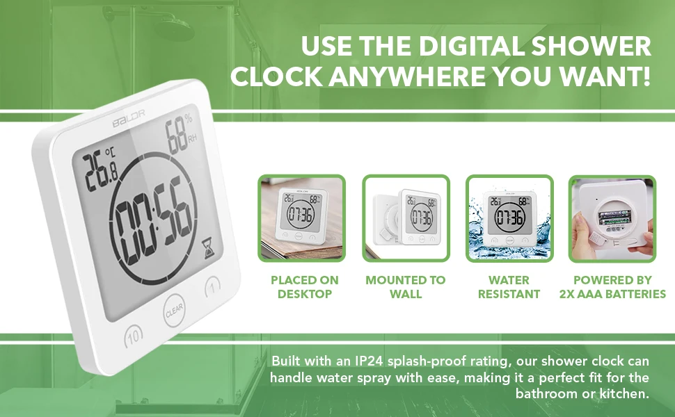 Description Picture 3 of itemBALDR LCD Digital Waterproof Bathroom Wall Clock Shower Clocks Timer Temperature Humidity Kitchen Wash Room Timers