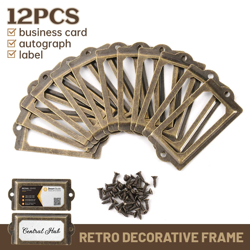 Antique Brass Metal Label Tag Handmade DIY Handle File Name Card Holder Pull Frame 12Pcs