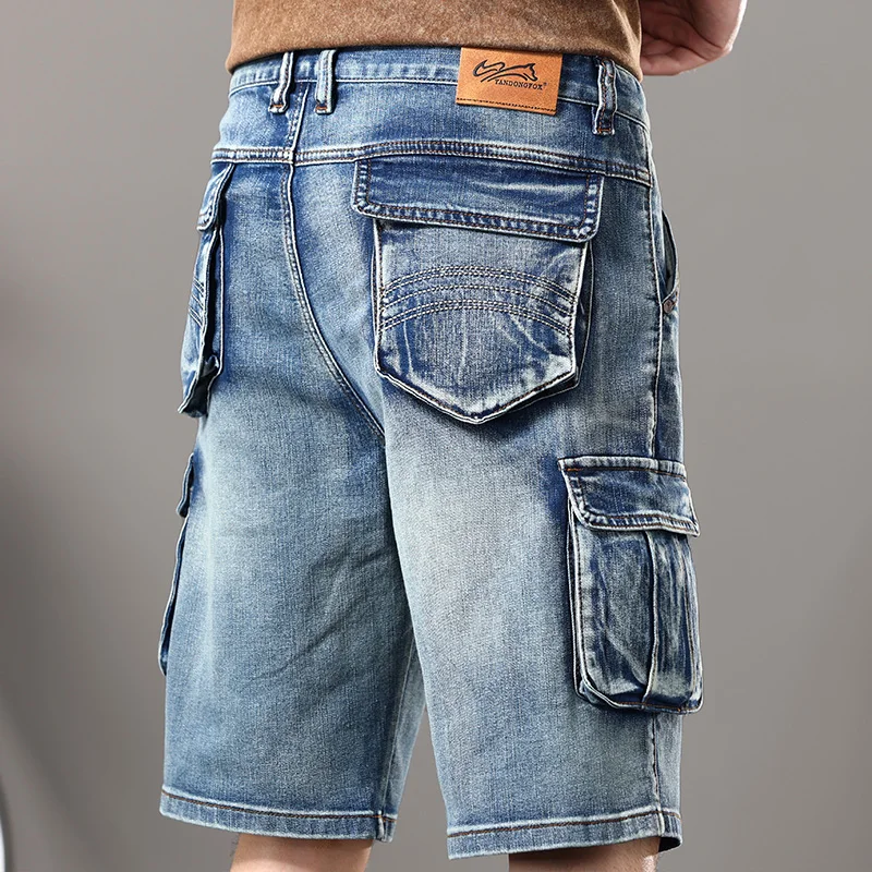 American High Street Washed Retro Denim Shorts Youth Fashion Multi-pocket Loose Denim Pants for Men Workwear Shorts