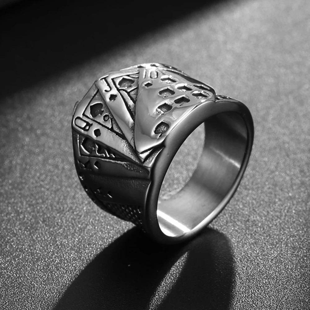 Stainless Steel Casino Lucky Poker Ring Size 7-10 Men Fashion Jewelry