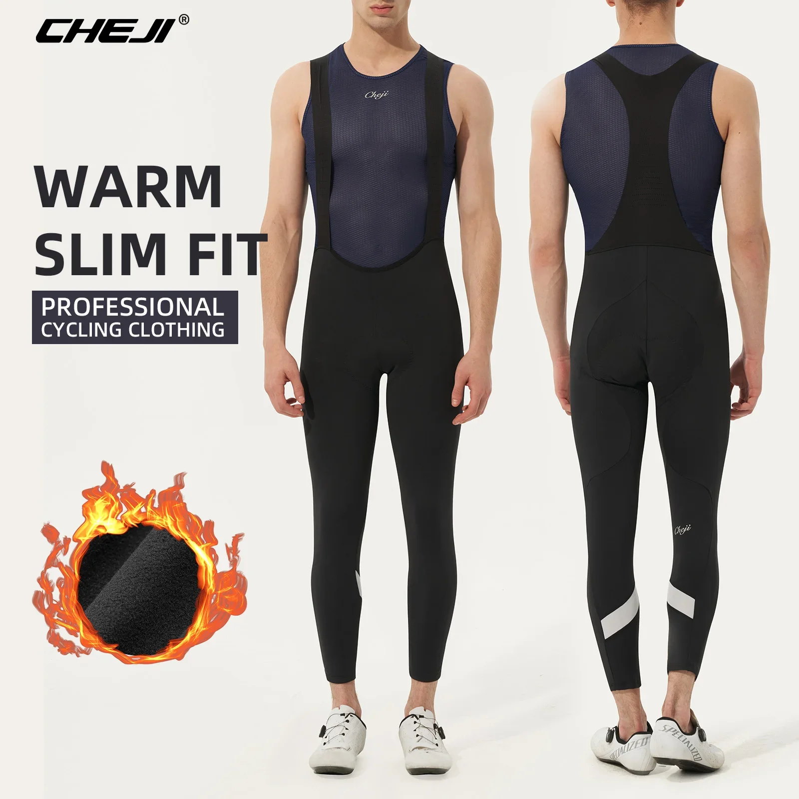 Cheji Winter Cycling Tights & Pants for Men Fleece Thermal Shoulder Belt Trousers Fabric Wear-resistant Breathable Slim