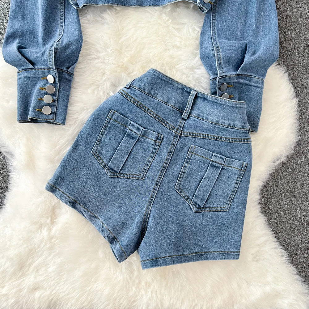 Denim Jacket Shorts Suit Women Piece Sets Jeans Culottes Coat