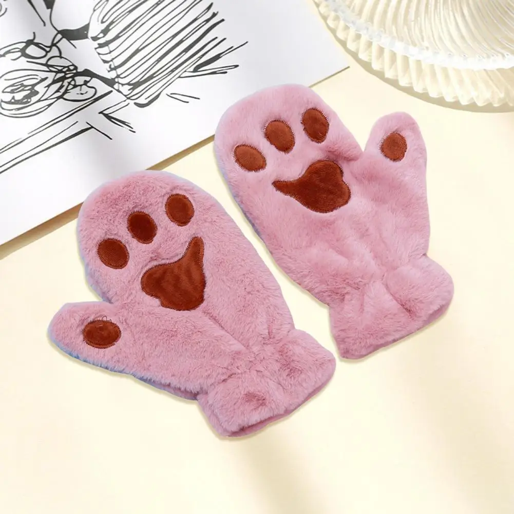 Student Gloves Warm Cozy Cartoon Cat Paw Mittens for Women Thick Plush Winter Gloves with Anti-slip Grip for Skiing Cycling Cat