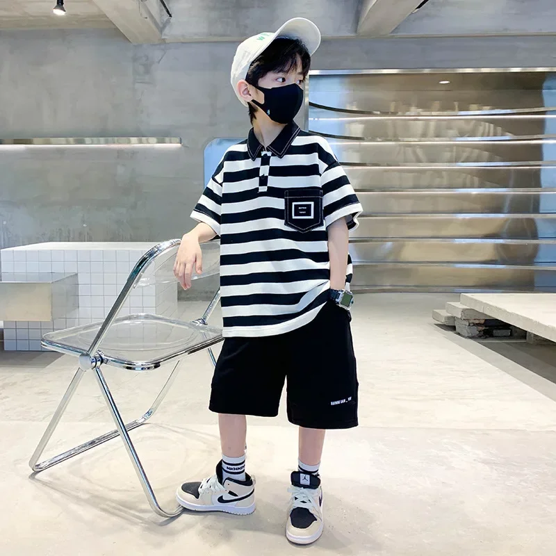 

Boys Summer Sets Striped POLO Shirt Kids Short Sleeve T-shirt +shorts 2pc Sports Casual Outfits for Teenage Boy Clothing Sets