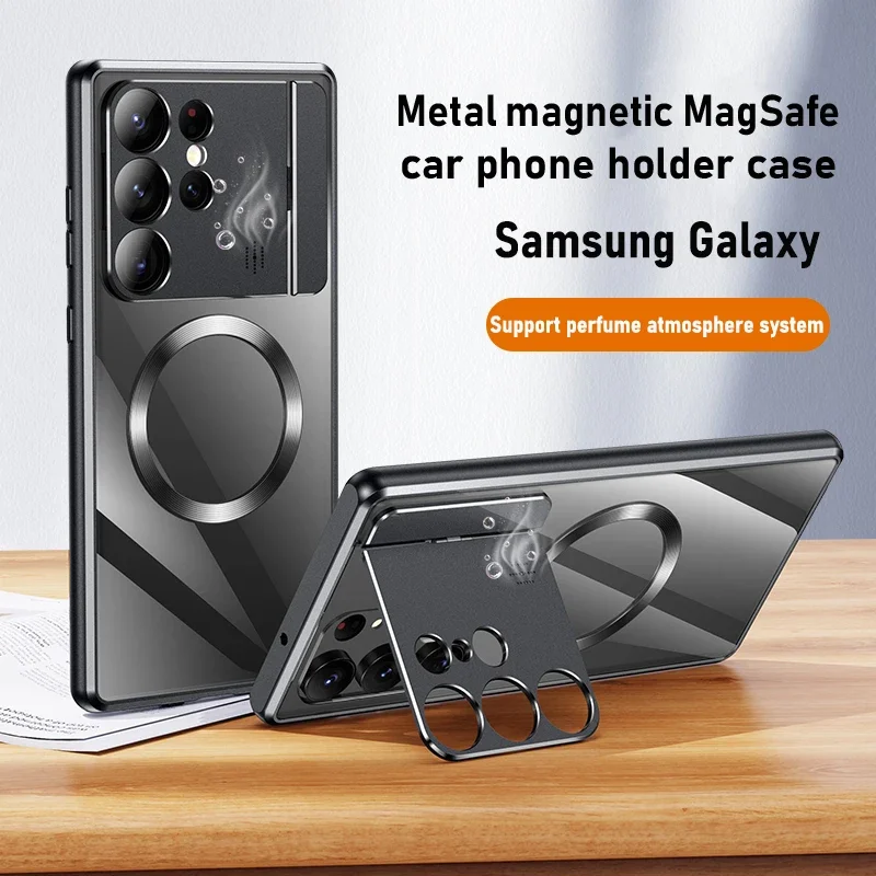 

For Samsung Galaxy S24 S23 Ultra S21 S22 Note20 Case Metal alloy Magnetic Magsafe car phone holder Perfume Protective back Cover