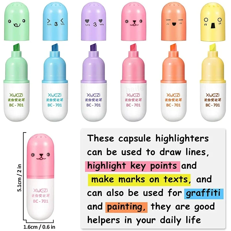 Highlighter Pen 6Pcs Kawaii Mini Pills Set Cute Funny Smiling Face Fluorescent Marker School Office Art Stationery Supplie