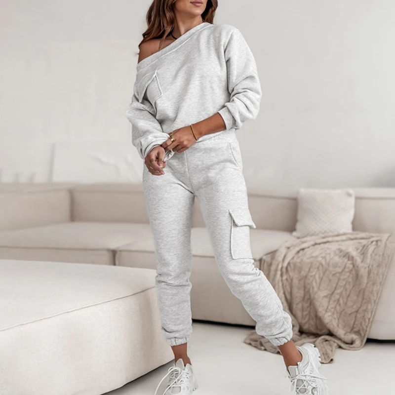 

2023 Autumn Casual Loose 2 Piece Sets Fashion Pocket Solid Outfit Women's Diagonal Collar Long Sleeve Pullover + Sweatpants Suit