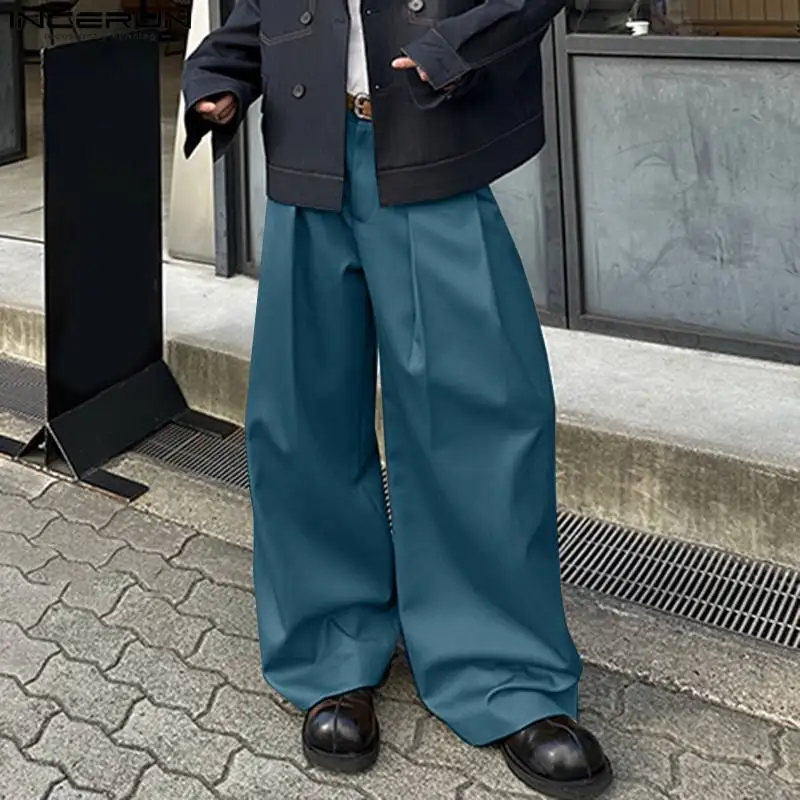 INCERUN S-5XL 남성용 캐주얼 스트레이트 팬츠, 단색, 루즈 단추 조거, 스트레이트 팬츠, 한국 스타일, 2024