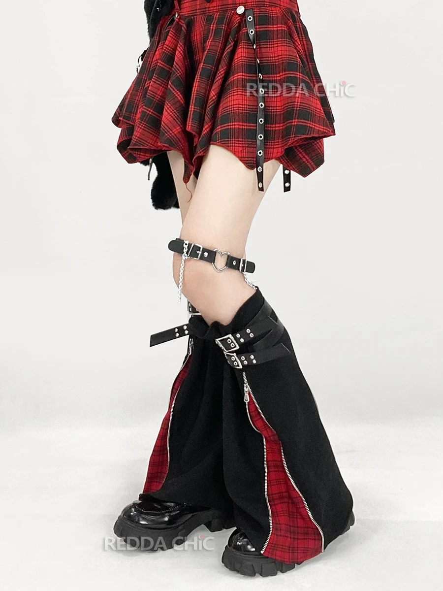 REDDACHiC Plaid Red Retro Leg Warmers Mini Skirt Set Women Leather