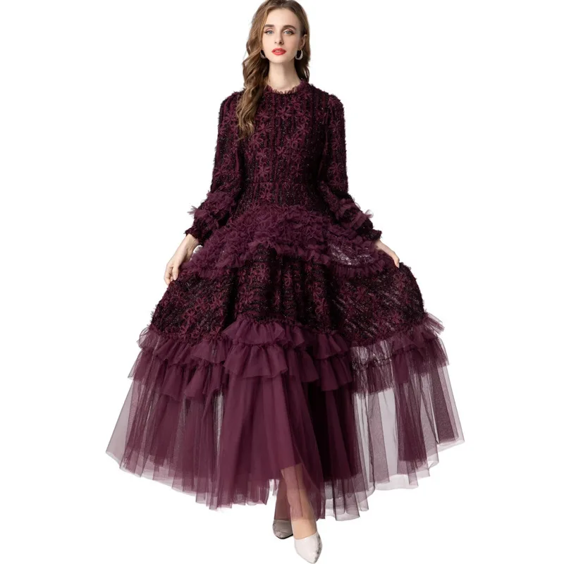 أزياء المرأة مساء اللباس الأرجواني ثلاثي الأبعاد ز...