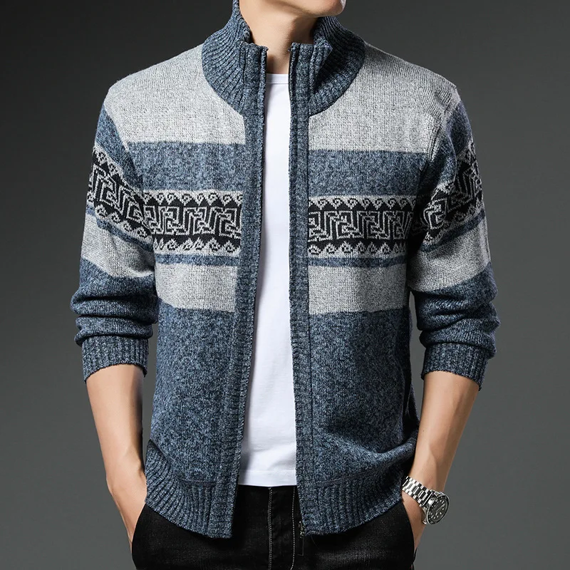 

Men's Cardigan Print Sweater Jacket Casual Male Clothing Stand Collar Sweater Thickened Sweater Autumn Winter Cardigan Coat