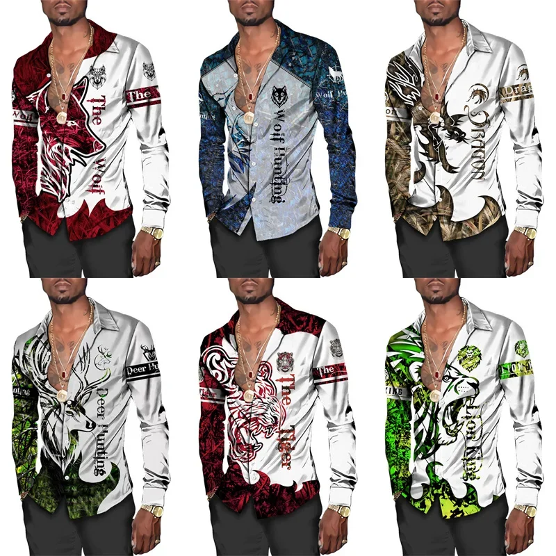 

Chic Wolf 3D Print Men Shirts Animal Pattern Turn-down Collar Single Breasted Shirt Hawaii Party Cardigan Short/Long Sleeve Tops