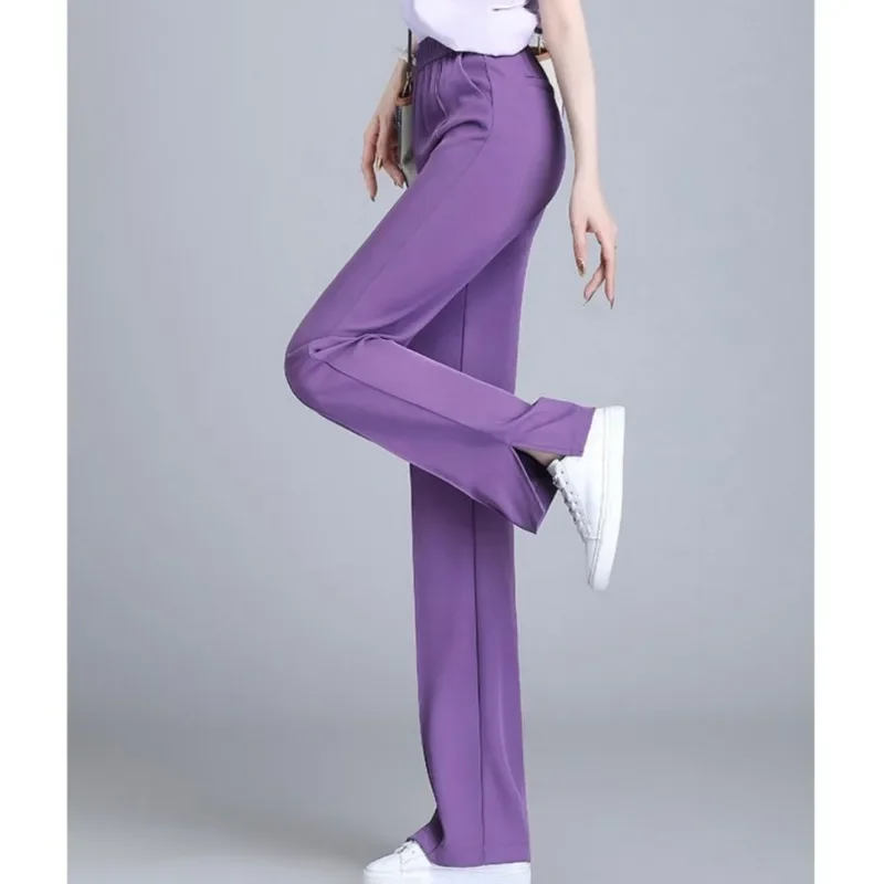 Ice Silk Straight Tube Pants Y2k Women's Summer Thin 2023 New Elastic High Waist Casual Slim Slim Split Drop Long Trousers